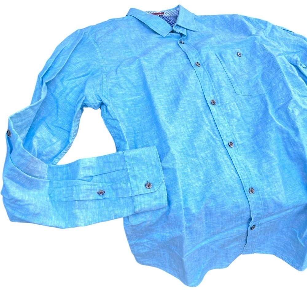 Ted Baker London Women’s Turquoise Blue Linen Blend Adjustable Sleeve Shirt Sz 4